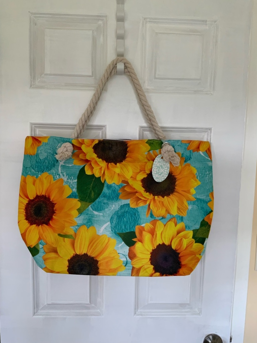 Sunflower Print Beach Tote Bag - Turquoise & Yellow